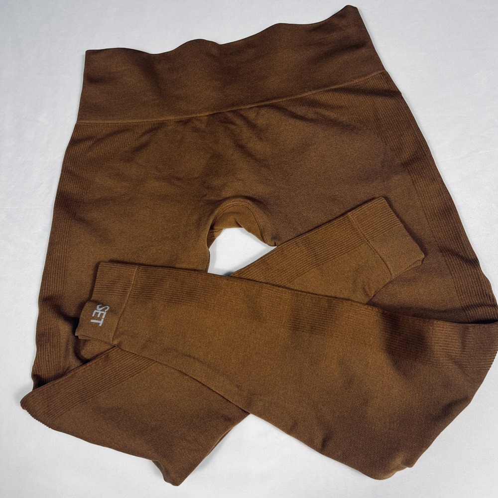 SET Active Sculptflex High Rise Leggings Espresso Brown Ribbed Seamless Womens
